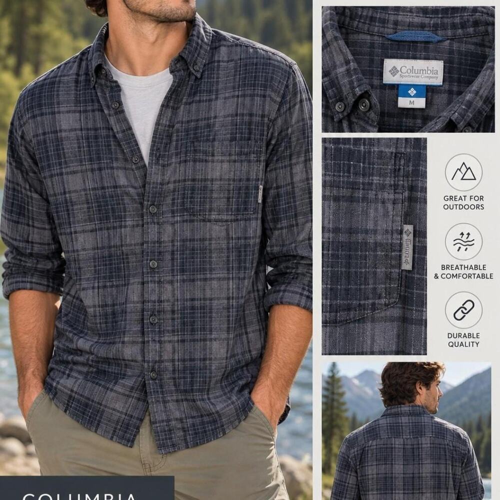 Columbia Sportswear Gray & Navy Plaid Button-Up Shirt – Size M